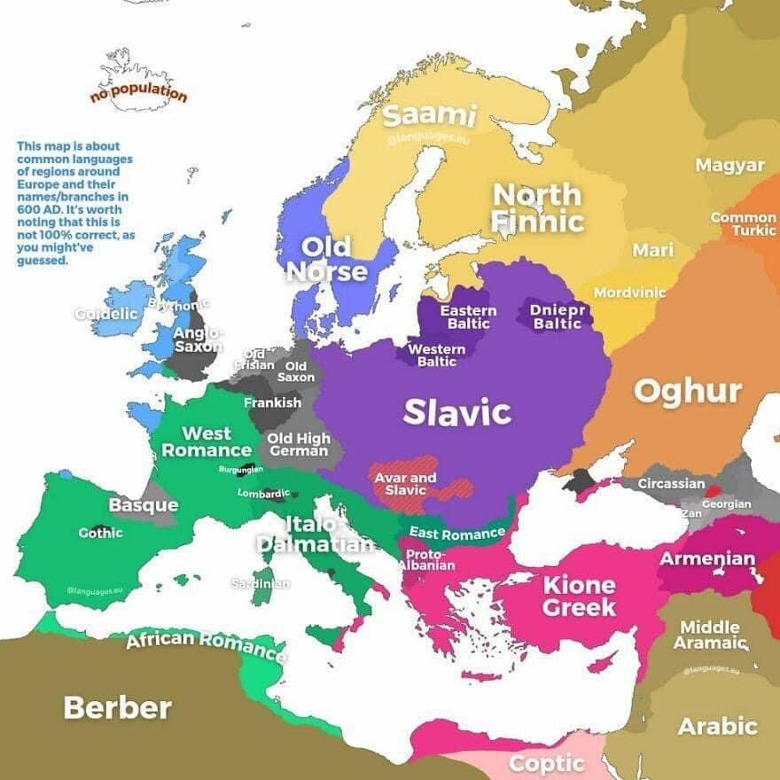 Данная карта раскрашена в цвета обозначающие определённые языки, на которых говорили в разных частях Европы 1400 лет назад…